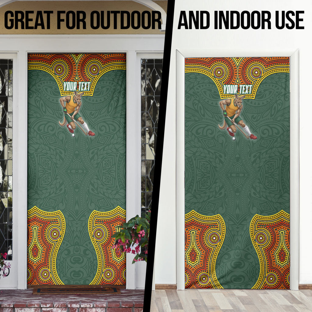 Personalized Kookaburras Field Hockey Door Cover Kangaroo Australian Indigenous Dot Art Style With Vibrant Sun Patterns
