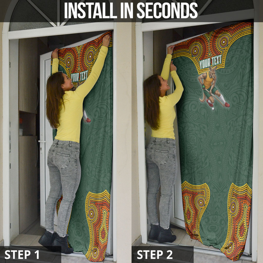Personalized Kookaburras Field Hockey Door Cover Kangaroo Australian Indigenous Dot Art Style With Vibrant Sun Patterns