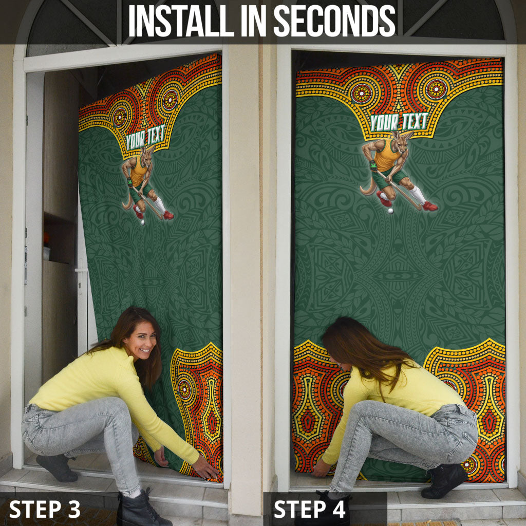 Personalized Kookaburras Field Hockey Door Cover Kangaroo Australian Indigenous Dot Art Style With Vibrant Sun Patterns