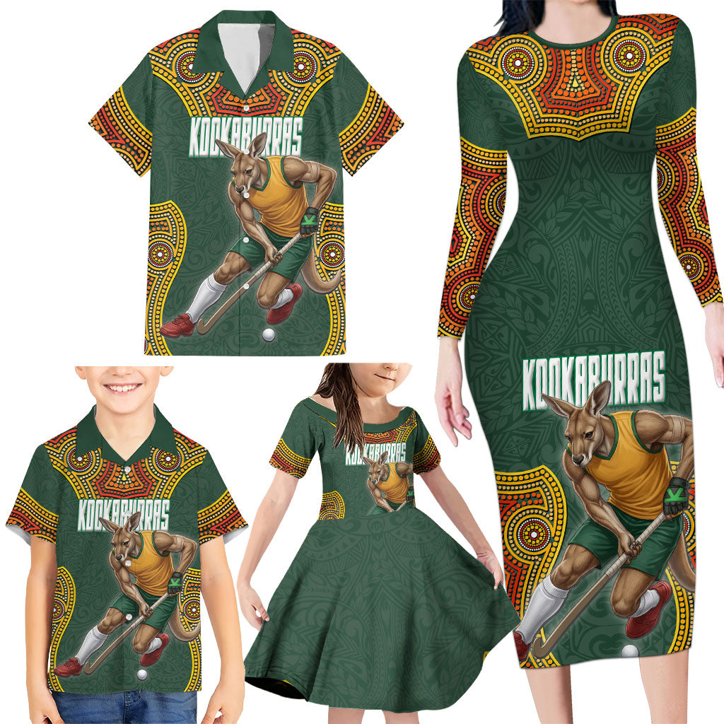Personalized Kookaburras Field Hockey Family Matching Long Sleeve Bodycon Dress and Hawaiian Shirt Kangaroo Australian Indigenous Dot Art Style With Vibrant Sun Patterns