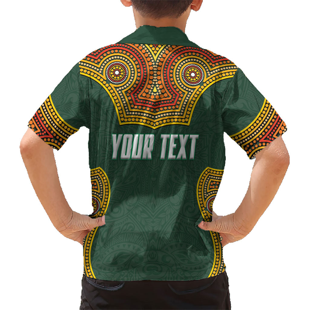 Personalized Kookaburras Field Hockey Family Matching Long Sleeve Bodycon Dress and Hawaiian Shirt Kangaroo Australian Indigenous Dot Art Style With Vibrant Sun Patterns