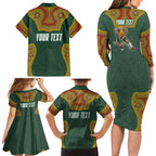 Personalized Kookaburras Field Hockey Family Matching Long Sleeve Bodycon Dress and Hawaiian Shirt Kangaroo Australian Indigenous Dot Art Style With Vibrant Sun Patterns