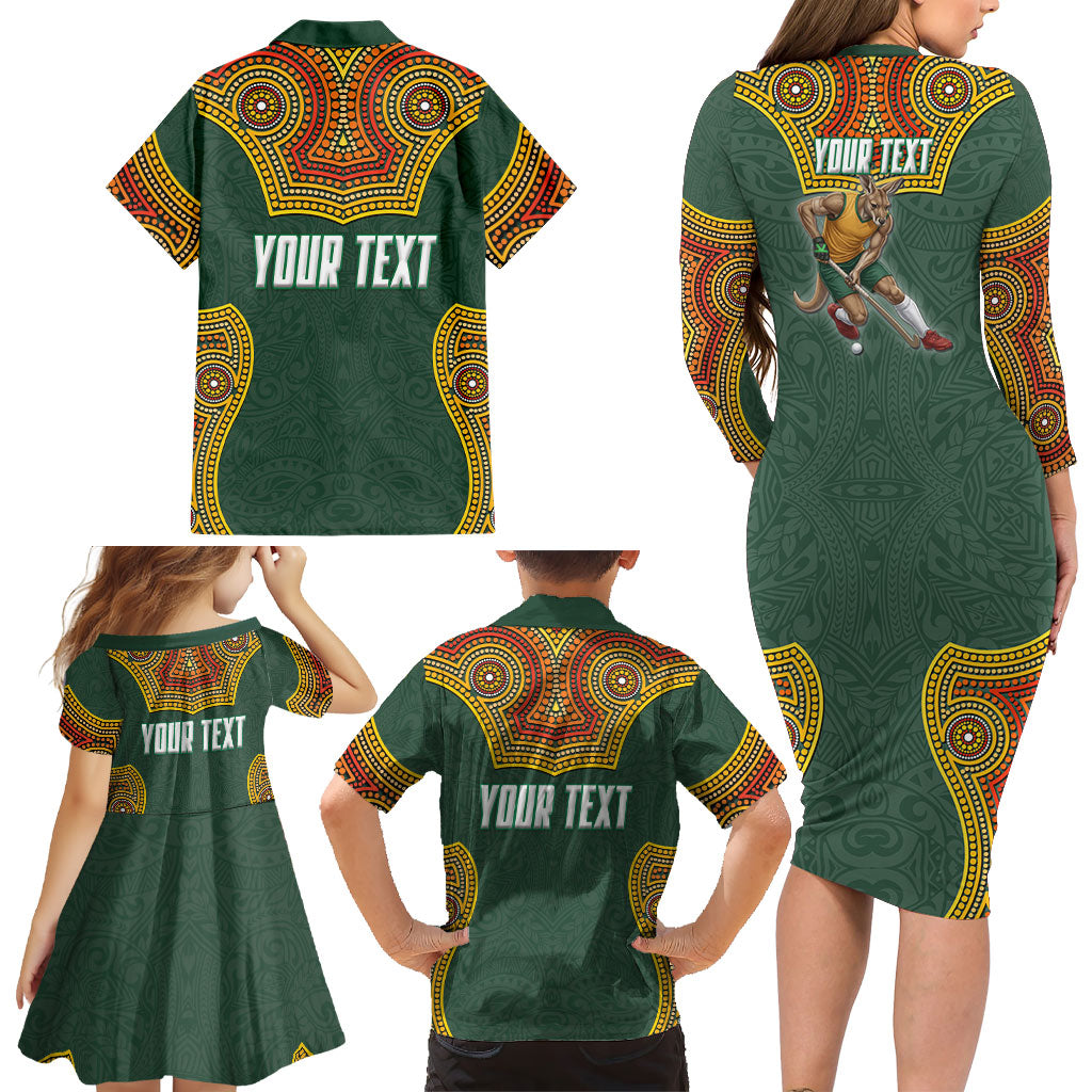 Personalized Kookaburras Field Hockey Family Matching Long Sleeve Bodycon Dress and Hawaiian Shirt Kangaroo Australian Indigenous Dot Art Style With Vibrant Sun Patterns