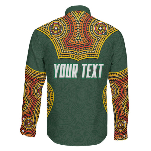 Personalized Kookaburras Field Hockey Family Matching Long Sleeve Bodycon Dress and Hawaiian Shirt Kangaroo Australian Indigenous Dot Art Style With Vibrant Sun Patterns