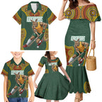 Personalized Kookaburras Field Hockey Family Matching Mermaid Dress and Hawaiian Shirt Kangaroo Australian Indigenous Dot Art Style With Vibrant Sun Patterns