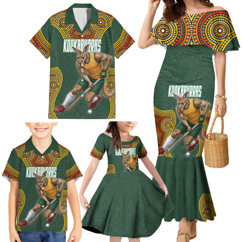 Personalized Kookaburras Field Hockey Family Matching Mermaid Dress and Hawaiian Shirt Kangaroo Australian Indigenous Dot Art Style With Vibrant Sun Patterns