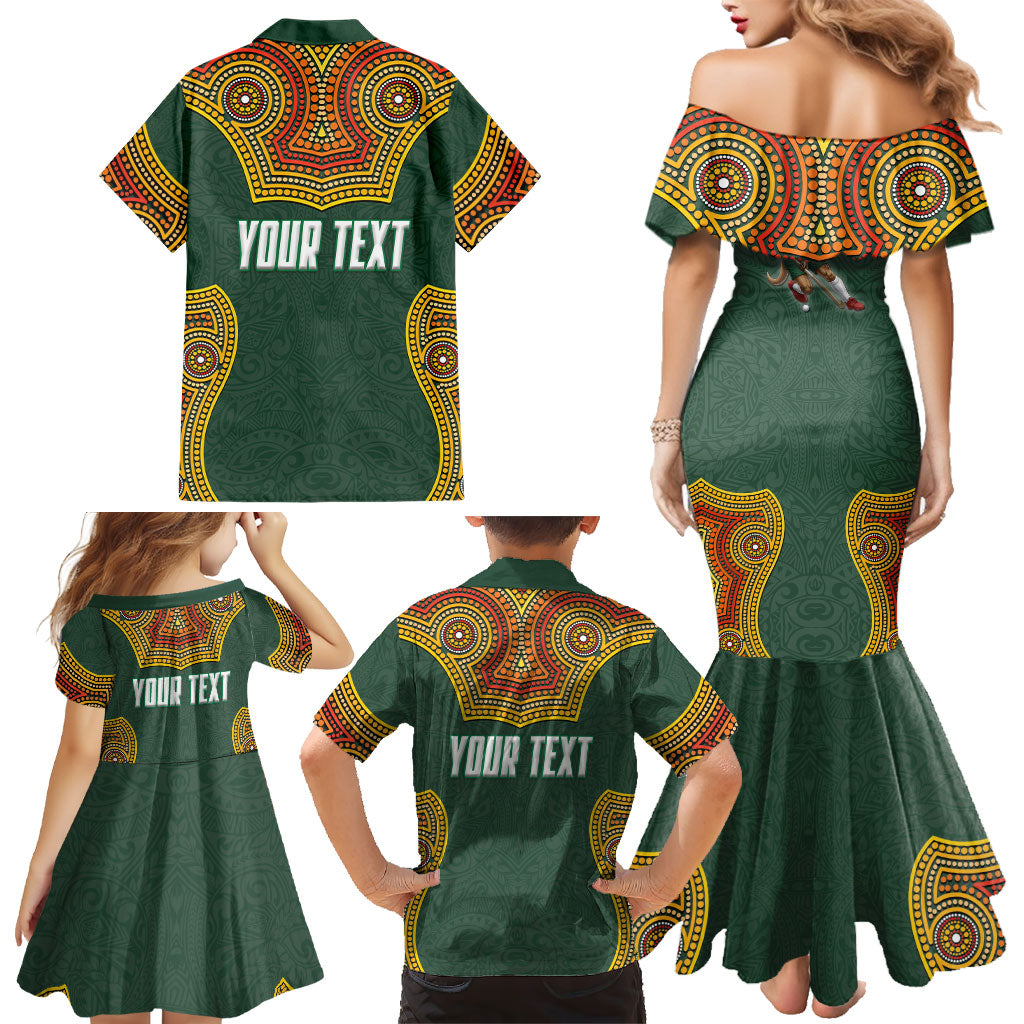 Personalized Kookaburras Field Hockey Family Matching Mermaid Dress and Hawaiian Shirt Kangaroo Australian Indigenous Dot Art Style With Vibrant Sun Patterns