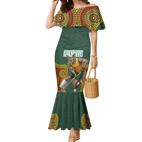 Personalized Kookaburras Field Hockey Family Matching Mermaid Dress and Hawaiian Shirt Kangaroo Australian Indigenous Dot Art Style With Vibrant Sun Patterns