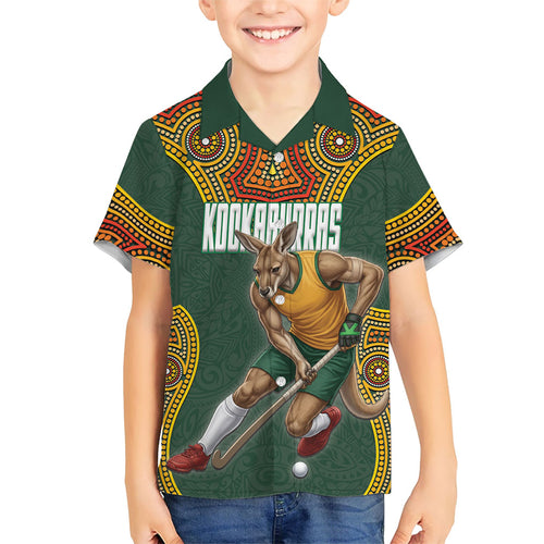 Personalized Kookaburras Field Hockey Family Matching Mermaid Dress and Hawaiian Shirt Kangaroo Australian Indigenous Dot Art Style With Vibrant Sun Patterns