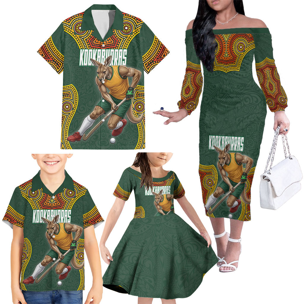 Personalized Kookaburras Field Hockey Family Matching Off The Shoulder Long Sleeve Dress and Hawaiian Shirt Kangaroo Australian Indigenous Dot Art Style With Vibrant Sun Patterns