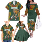Personalized Kookaburras Field Hockey Family Matching Off The Shoulder Long Sleeve Dress and Hawaiian Shirt Kangaroo Australian Indigenous Dot Art Style With Vibrant Sun Patterns