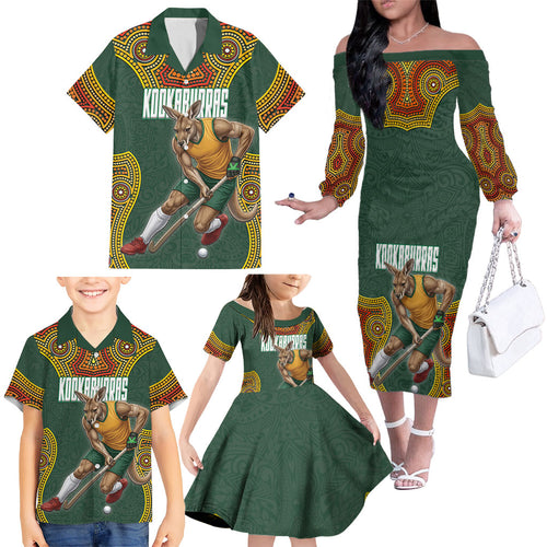 Personalized Kookaburras Field Hockey Family Matching Off The Shoulder Long Sleeve Dress and Hawaiian Shirt Kangaroo Australian Indigenous Dot Art Style With Vibrant Sun Patterns