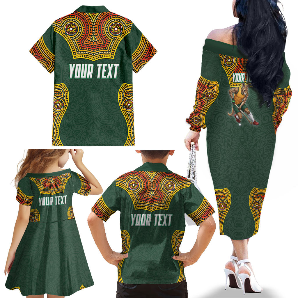 Personalized Kookaburras Field Hockey Family Matching Off The Shoulder Long Sleeve Dress and Hawaiian Shirt Kangaroo Australian Indigenous Dot Art Style With Vibrant Sun Patterns