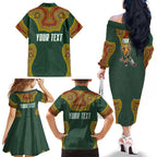 Personalized Kookaburras Field Hockey Family Matching Off The Shoulder Long Sleeve Dress and Hawaiian Shirt Kangaroo Australian Indigenous Dot Art Style With Vibrant Sun Patterns