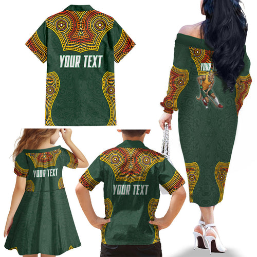 Personalized Kookaburras Field Hockey Family Matching Off The Shoulder Long Sleeve Dress and Hawaiian Shirt Kangaroo Australian Indigenous Dot Art Style With Vibrant Sun Patterns