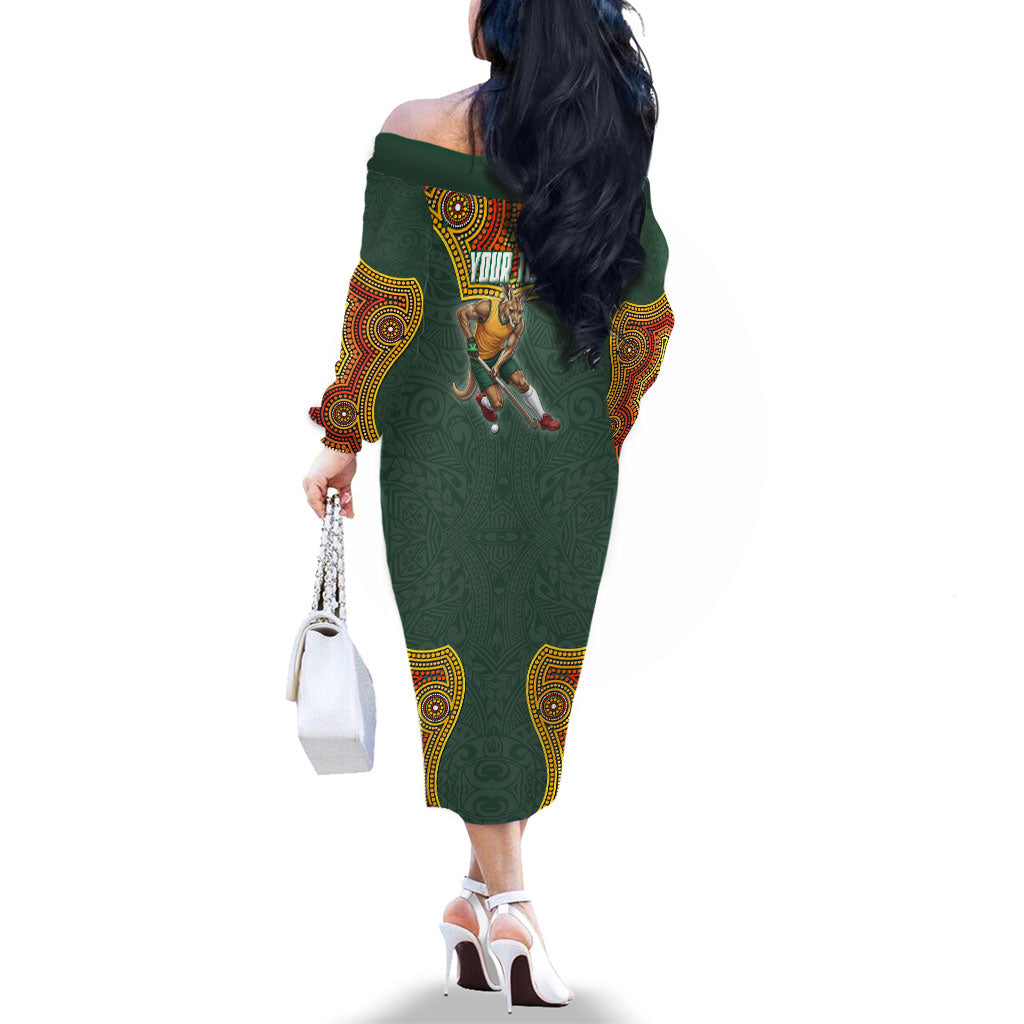 Personalized Kookaburras Field Hockey Family Matching Off The Shoulder Long Sleeve Dress and Hawaiian Shirt Kangaroo Australian Indigenous Dot Art Style With Vibrant Sun Patterns