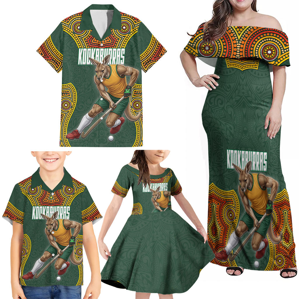 Personalized Kookaburras Field Hockey Family Matching Off Shoulder Maxi Dress and Hawaiian Shirt Kangaroo Australian Indigenous Dot Art Style With Vibrant Sun Patterns