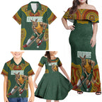 Personalized Kookaburras Field Hockey Family Matching Off Shoulder Maxi Dress and Hawaiian Shirt Kangaroo Australian Indigenous Dot Art Style With Vibrant Sun Patterns