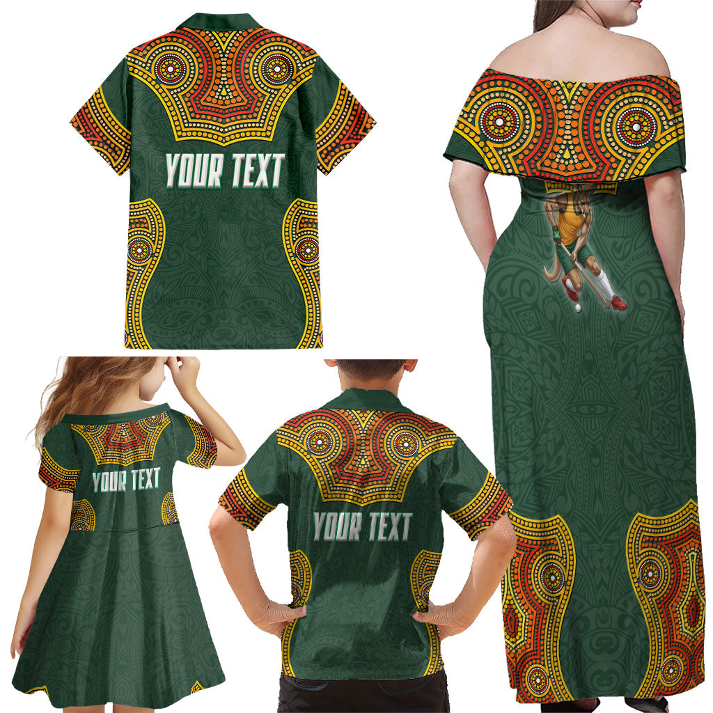 Personalized Kookaburras Field Hockey Family Matching Off Shoulder Maxi Dress and Hawaiian Shirt Kangaroo Australian Indigenous Dot Art Style With Vibrant Sun Patterns