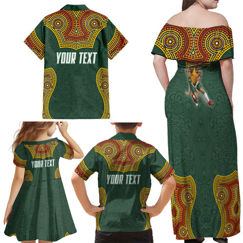 Personalized Kookaburras Field Hockey Family Matching Off Shoulder Maxi Dress and Hawaiian Shirt Kangaroo Australian Indigenous Dot Art Style With Vibrant Sun Patterns