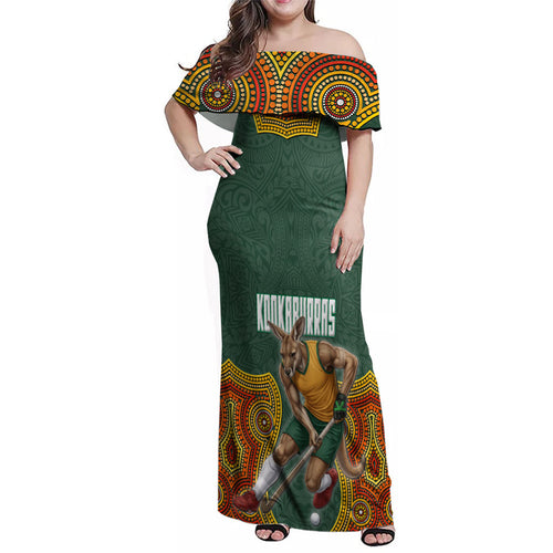 Personalized Kookaburras Field Hockey Family Matching Off Shoulder Maxi Dress and Hawaiian Shirt Kangaroo Australian Indigenous Dot Art Style With Vibrant Sun Patterns