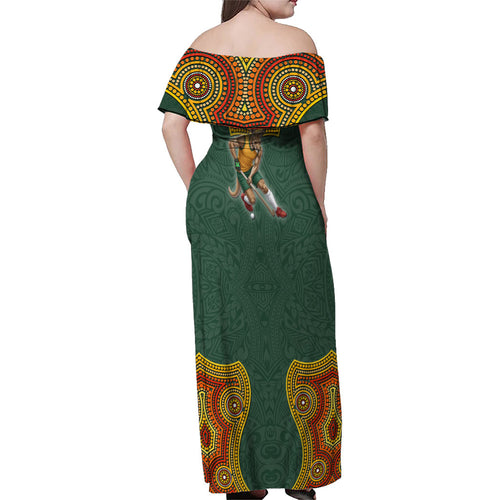 Personalized Kookaburras Field Hockey Family Matching Off Shoulder Maxi Dress and Hawaiian Shirt Kangaroo Australian Indigenous Dot Art Style With Vibrant Sun Patterns