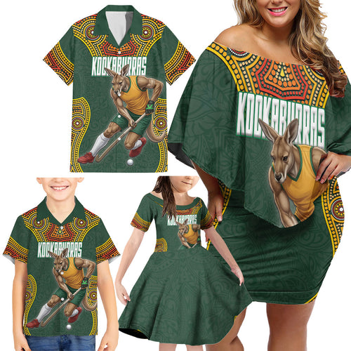 Personalized Kookaburras Field Hockey Family Matching Off Shoulder Short Dress and Hawaiian Shirt Kangaroo Australian Indigenous Dot Art Style With Vibrant Sun Patterns
