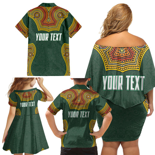 Personalized Kookaburras Field Hockey Family Matching Off Shoulder Short Dress and Hawaiian Shirt Kangaroo Australian Indigenous Dot Art Style With Vibrant Sun Patterns
