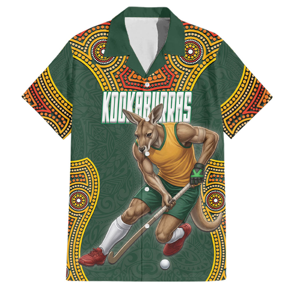 Personalized Kookaburras Field Hockey Family Matching Off Shoulder Short Dress and Hawaiian Shirt Kangaroo Australian Indigenous Dot Art Style With Vibrant Sun Patterns