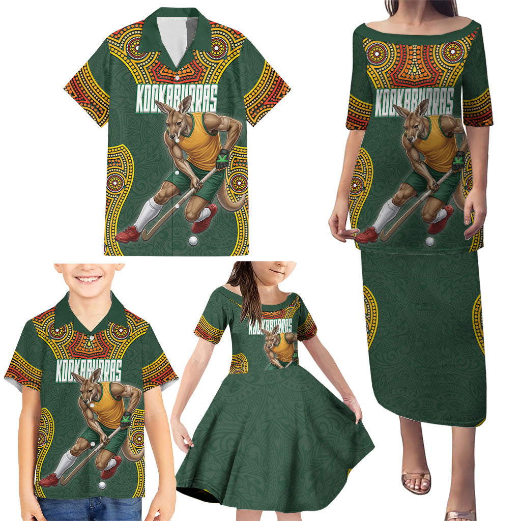 Personalized Kookaburras Field Hockey Family Matching Puletasi and Hawaiian Shirt Kangaroo Australian Indigenous Dot Art Style With Vibrant Sun Patterns