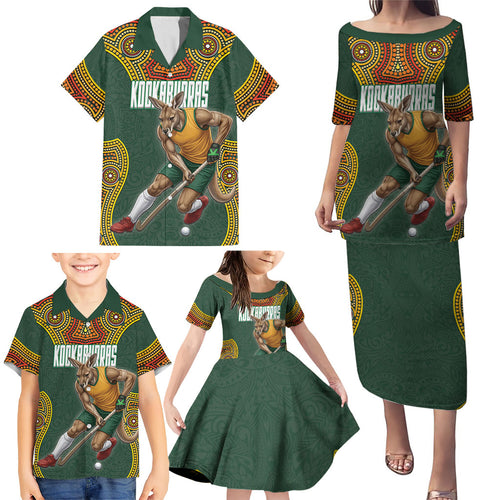 Personalized Kookaburras Field Hockey Family Matching Puletasi and Hawaiian Shirt Kangaroo Australian Indigenous Dot Art Style With Vibrant Sun Patterns