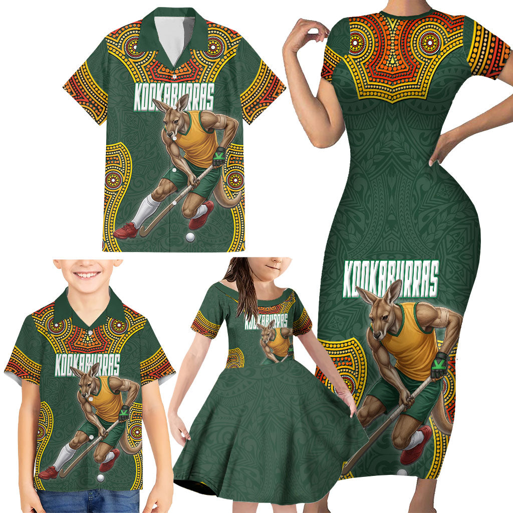 Personalized Kookaburras Field Hockey Family Matching Short Sleeve Bodycon Dress and Hawaiian Shirt Kangaroo Australian Indigenous Dot Art Style With Vibrant Sun Patterns