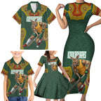 Personalized Kookaburras Field Hockey Family Matching Short Sleeve Bodycon Dress and Hawaiian Shirt Kangaroo Australian Indigenous Dot Art Style With Vibrant Sun Patterns