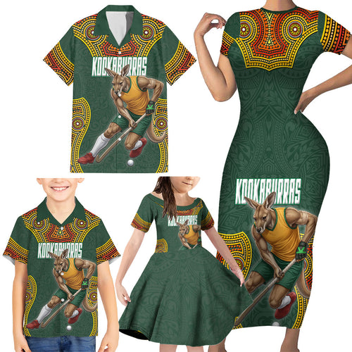 Personalized Kookaburras Field Hockey Family Matching Short Sleeve Bodycon Dress and Hawaiian Shirt Kangaroo Australian Indigenous Dot Art Style With Vibrant Sun Patterns
