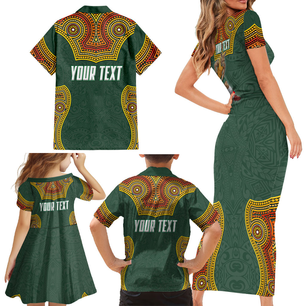 Personalized Kookaburras Field Hockey Family Matching Short Sleeve Bodycon Dress and Hawaiian Shirt Kangaroo Australian Indigenous Dot Art Style With Vibrant Sun Patterns