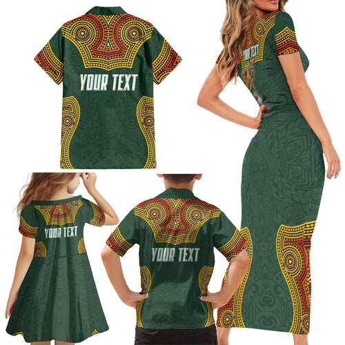 Personalized Kookaburras Field Hockey Family Matching Short Sleeve Bodycon Dress and Hawaiian Shirt Kangaroo Australian Indigenous Dot Art Style With Vibrant Sun Patterns