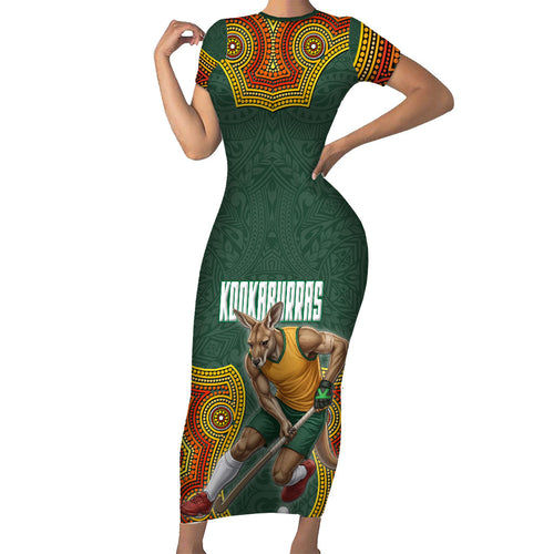 Personalized Kookaburras Field Hockey Family Matching Short Sleeve Bodycon Dress and Hawaiian Shirt Kangaroo Australian Indigenous Dot Art Style With Vibrant Sun Patterns