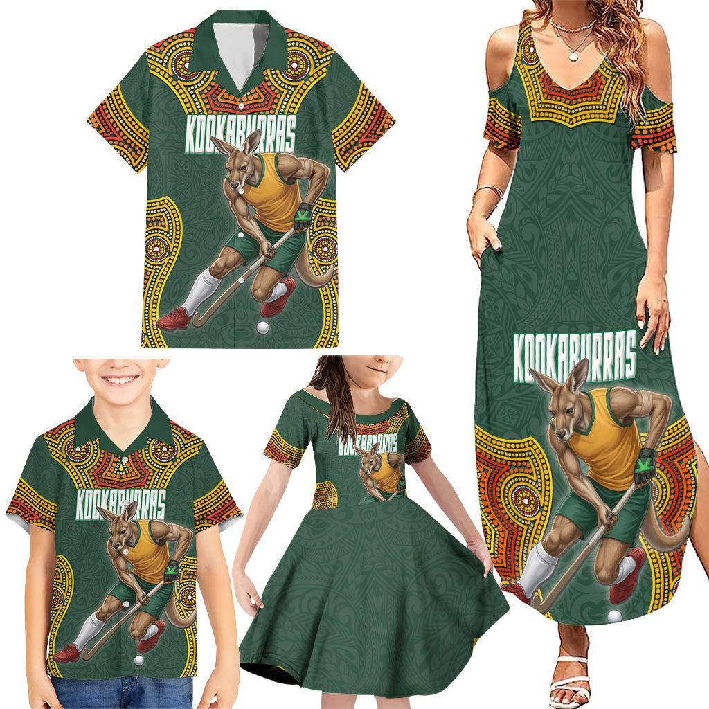Personalized Kookaburras Field Hockey Family Matching Summer Maxi Dress and Hawaiian Shirt Kangaroo Australian Indigenous Dot Art Style With Vibrant Sun Patterns