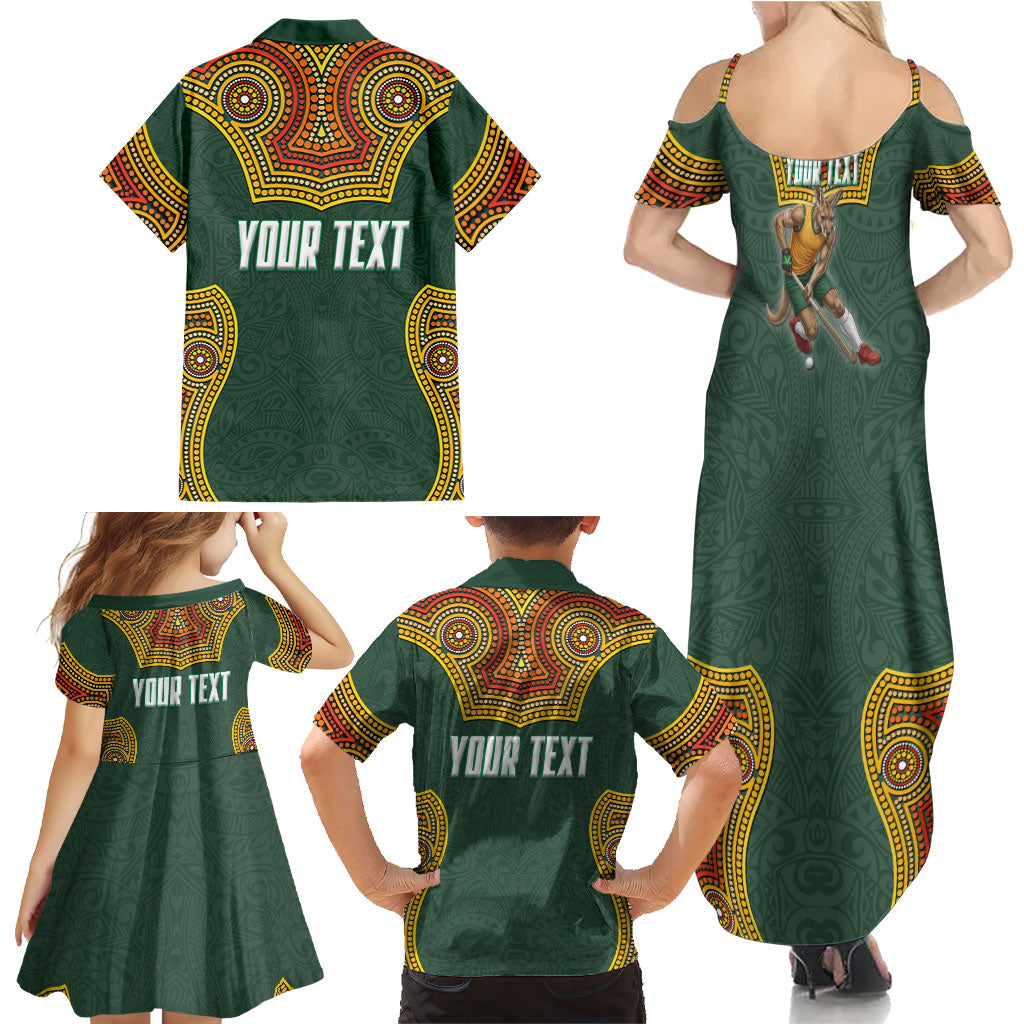 Personalized Kookaburras Field Hockey Family Matching Summer Maxi Dress and Hawaiian Shirt Kangaroo Australian Indigenous Dot Art Style With Vibrant Sun Patterns