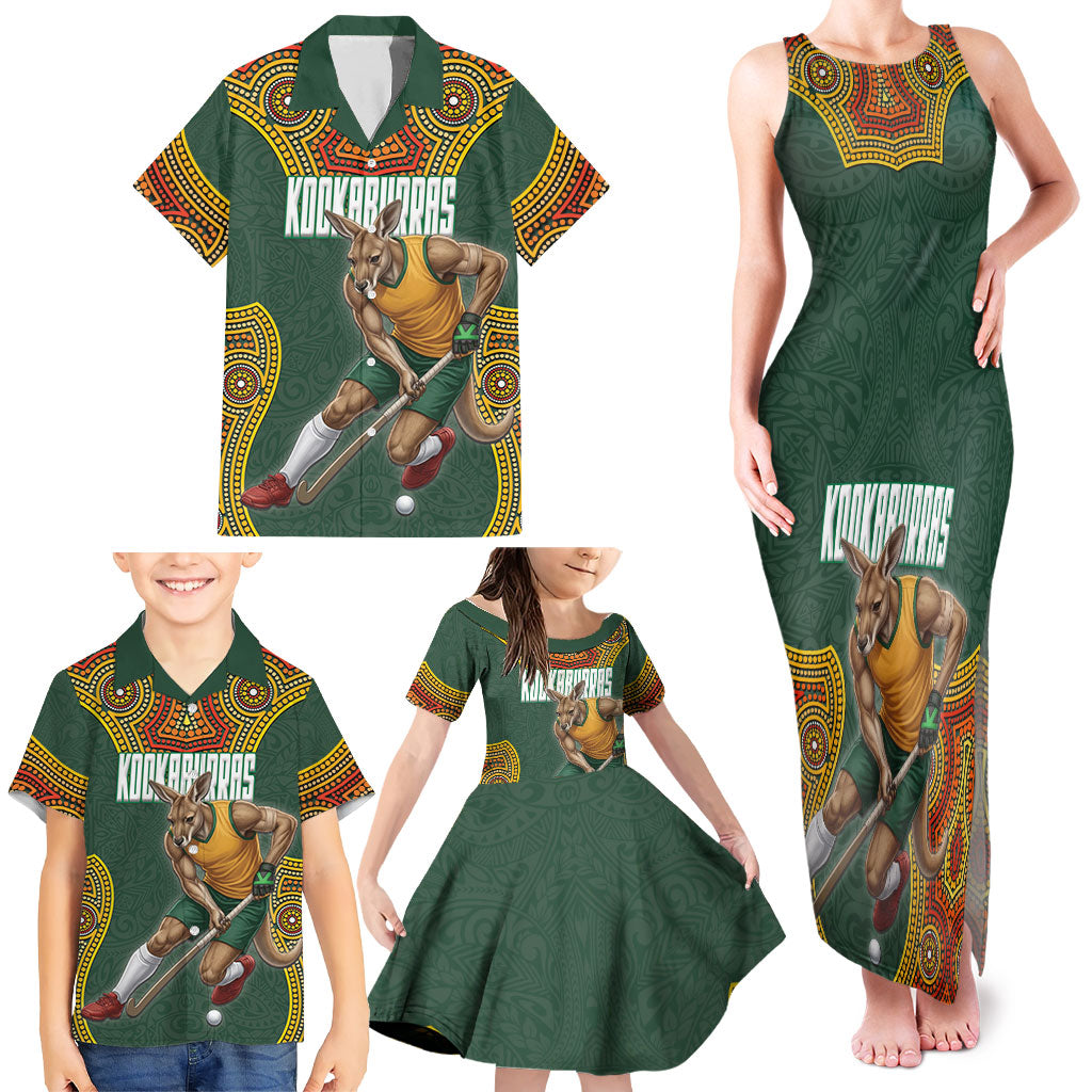Personalized Kookaburras Field Hockey Family Matching Tank Maxi Dress and Hawaiian Shirt Kangaroo Australian Indigenous Dot Art Style With Vibrant Sun Patterns