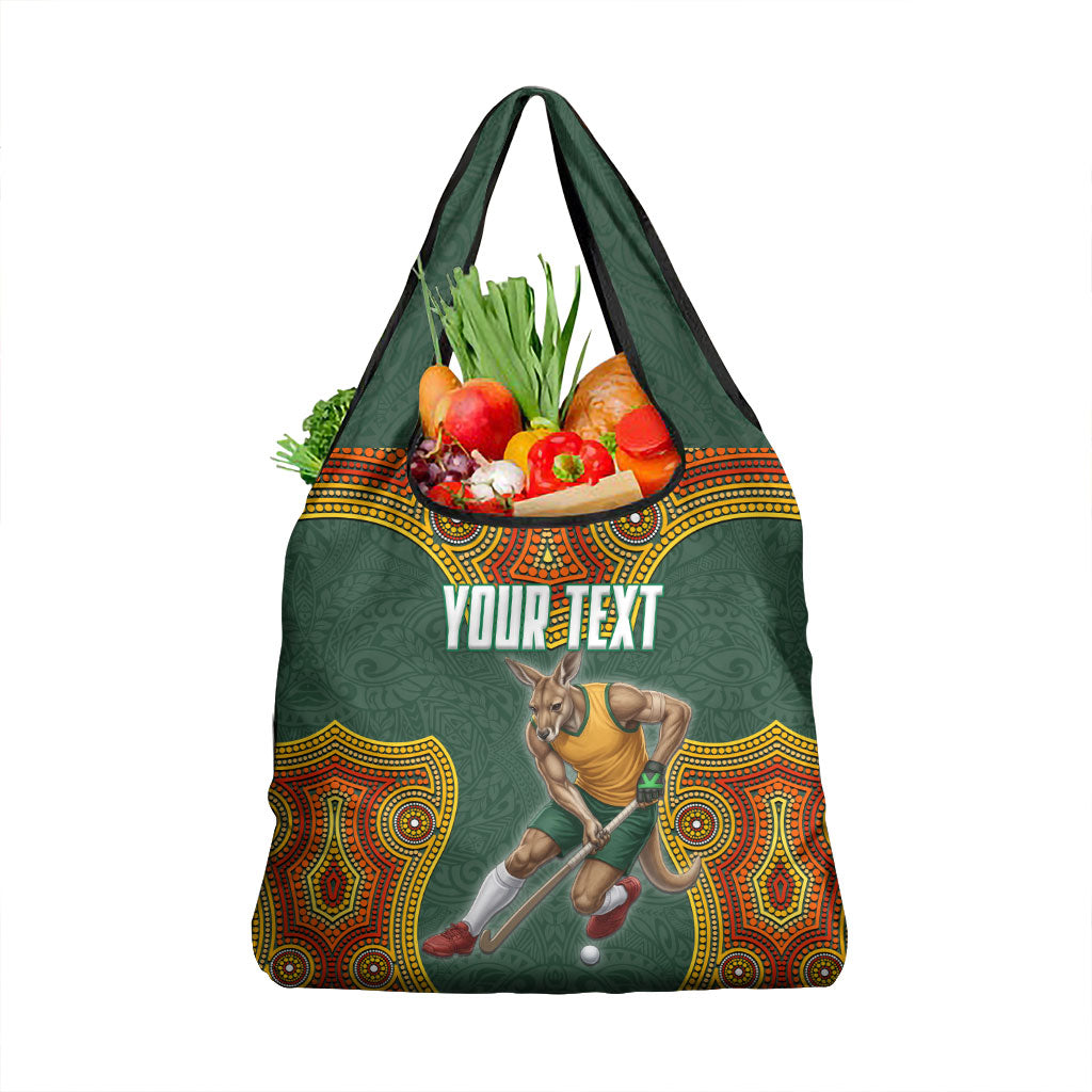 Personalized Kookaburras Field Hockey Grocery Bag Kangaroo Australian Indigenous Dot Art Style With Vibrant Sun Patterns