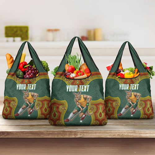 Personalized Kookaburras Field Hockey Grocery Bag Kangaroo Australian Indigenous Dot Art Style With Vibrant Sun Patterns