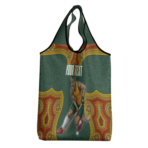 Personalized Kookaburras Field Hockey Grocery Bag Kangaroo Australian Indigenous Dot Art Style With Vibrant Sun Patterns