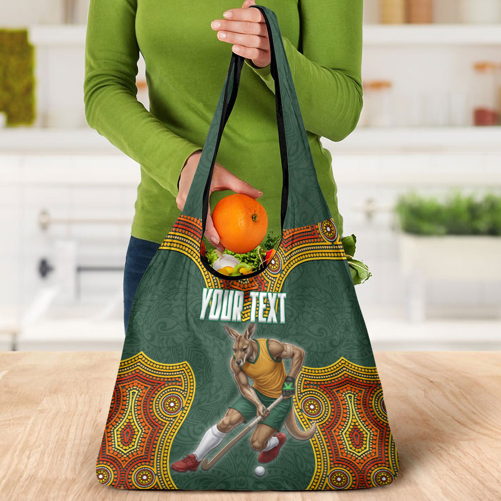 Personalized Kookaburras Field Hockey Grocery Bag Kangaroo Australian Indigenous Dot Art Style With Vibrant Sun Patterns