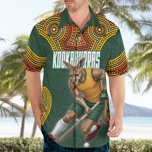 Personalized Kookaburras Field Hockey Hawaiian Shirt Kangaroo Australian Indigenous Dot Art Style With Vibrant Sun Patterns