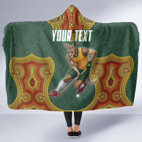 Personalized Kookaburras Field Hockey Hooded Blanket Kangaroo Australian Indigenous Dot Art Style With Vibrant Sun Patterns