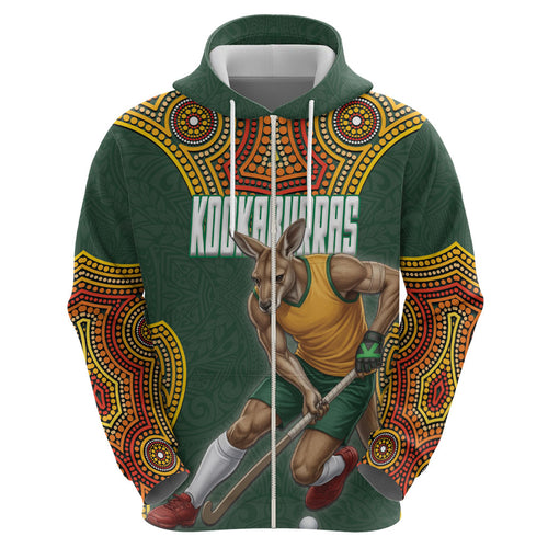 Personalized Kookaburras Field Hockey Hoodie Kangaroo Australian Indigenous Dot Art Style With Vibrant Sun Patterns
