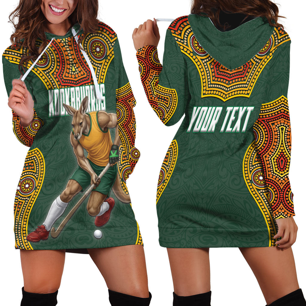 Personalized Kookaburras Field Hockey Hoodie Dress Kangaroo Australian Indigenous Dot Art Style With Vibrant Sun Patterns