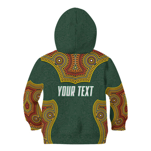 Personalized Kookaburras Field Hockey Kid Hoodie Kangaroo Australian Indigenous Dot Art Style With Vibrant Sun Patterns