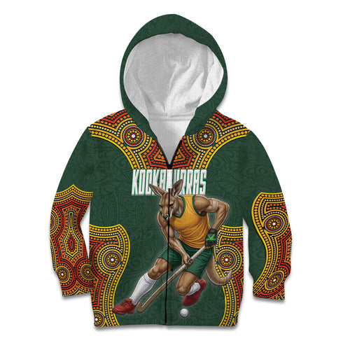 Personalized Kookaburras Field Hockey Kid Hoodie Kangaroo Australian Indigenous Dot Art Style With Vibrant Sun Patterns
